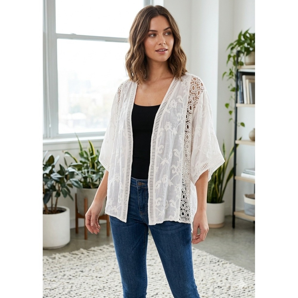 Vince Camuto Embroidered Lace‎ Kimono Women OS White NEW